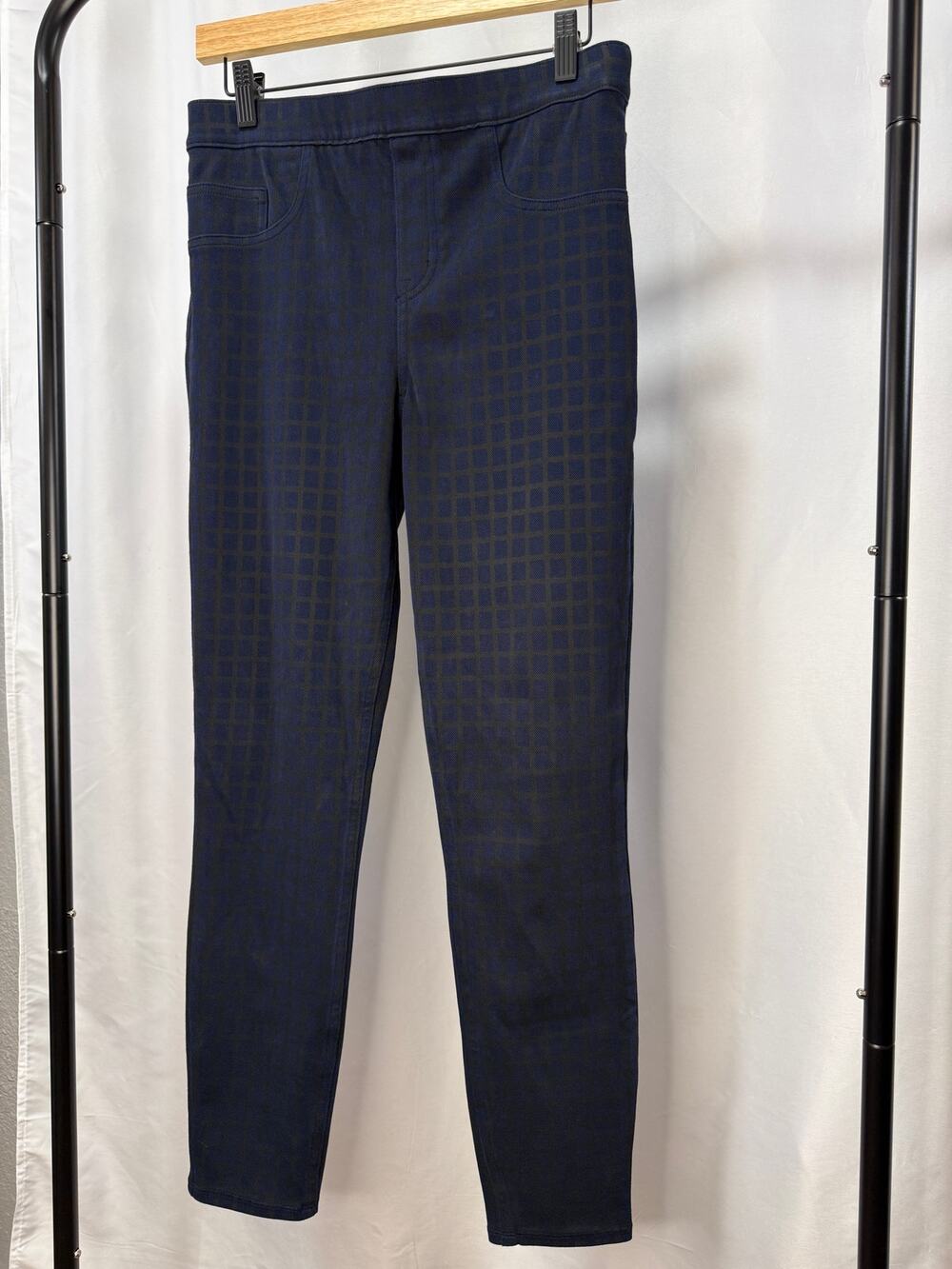 Spanx Women’s M Navy Blue Black Plaid Check Pull-On Skinny Pants Stretch